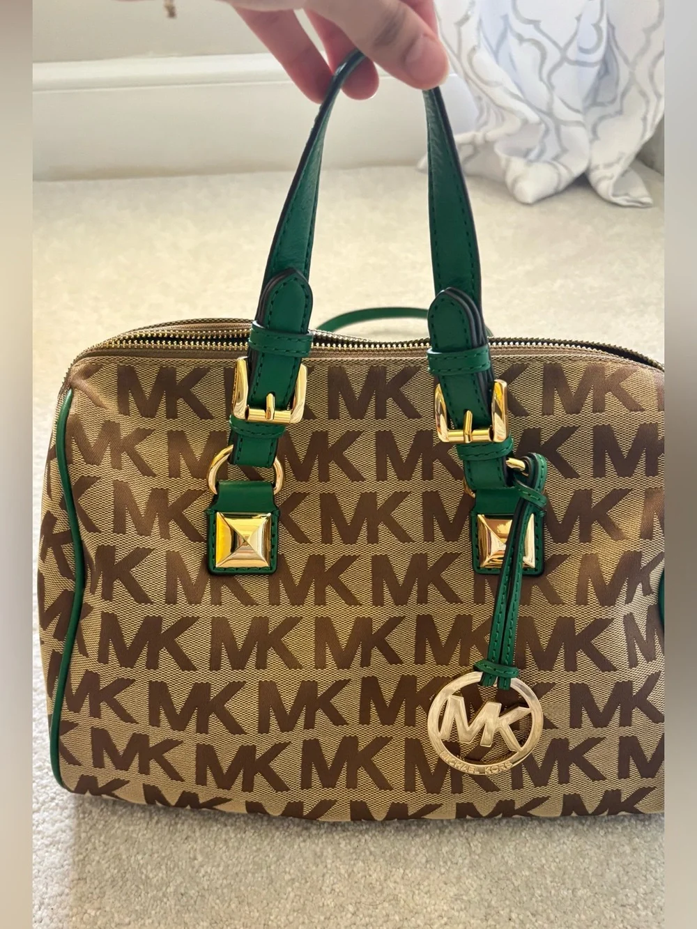 Michael Kors Purse with Green Leather Trim and Gold Accents